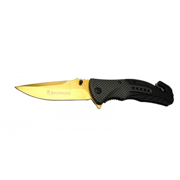 Browning Çakı Gold Renkli Klipsli Kurtarma Çakısı Damgalı Desenli - 22 cm