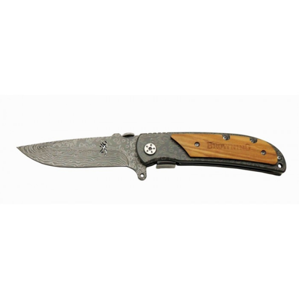Browning Çakı Mini Damascus Desenli Çakı İçten Kilitli Klipsli Ahşap - 338B