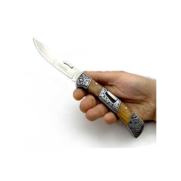 Columbia Ahşap Zeytin Kabzeli Çakı İşlemeli Sırttan Kilitli Kaplan İşlemeli A3159-D
