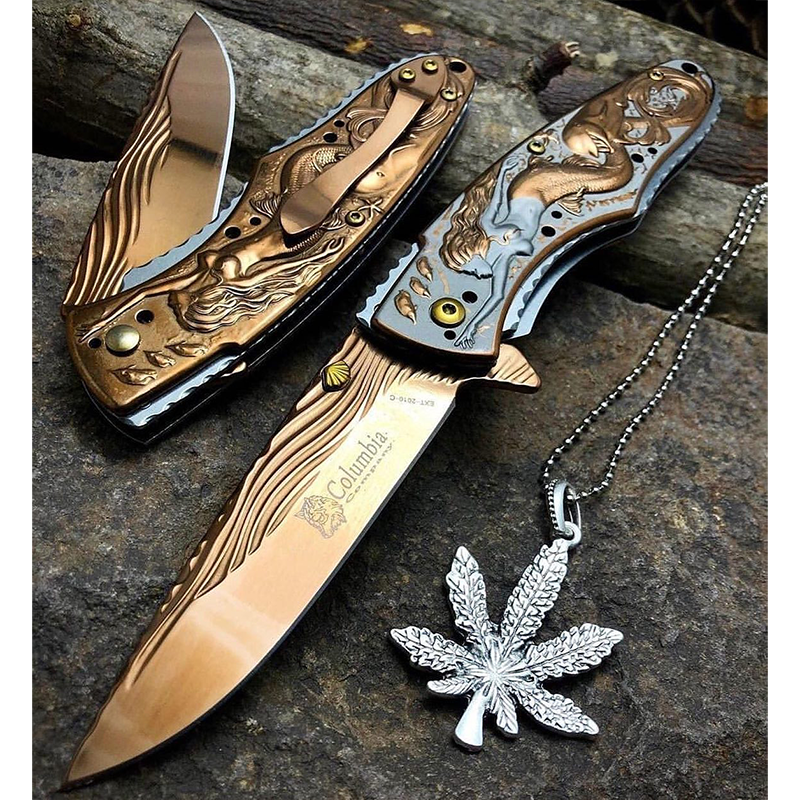 Columbia Deniz Kızı İşlemeli Gravürlü Klipsli Çakı Beyaz Eskitme - Görsel 9