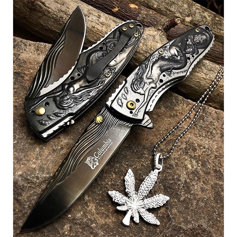 Columbia Deniz Kızı İşlemeli Gravürlü Klipsli Çakı Beyaz Eskitme - Görsel 10