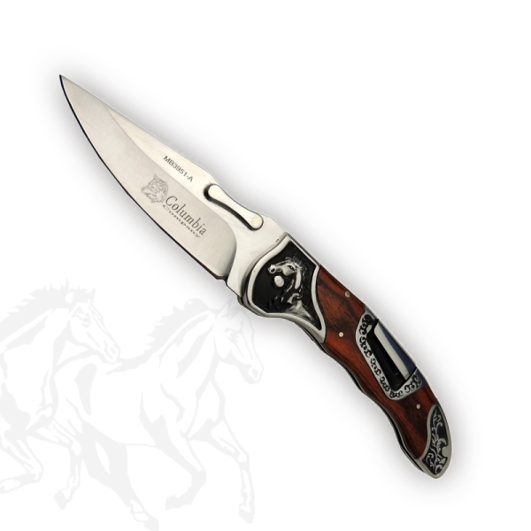 Columbia Mustang Gül Kabzalı At Gravür Desenli Çakı İşlemeli Sırttan Kilitli Çakı MB-3951-A