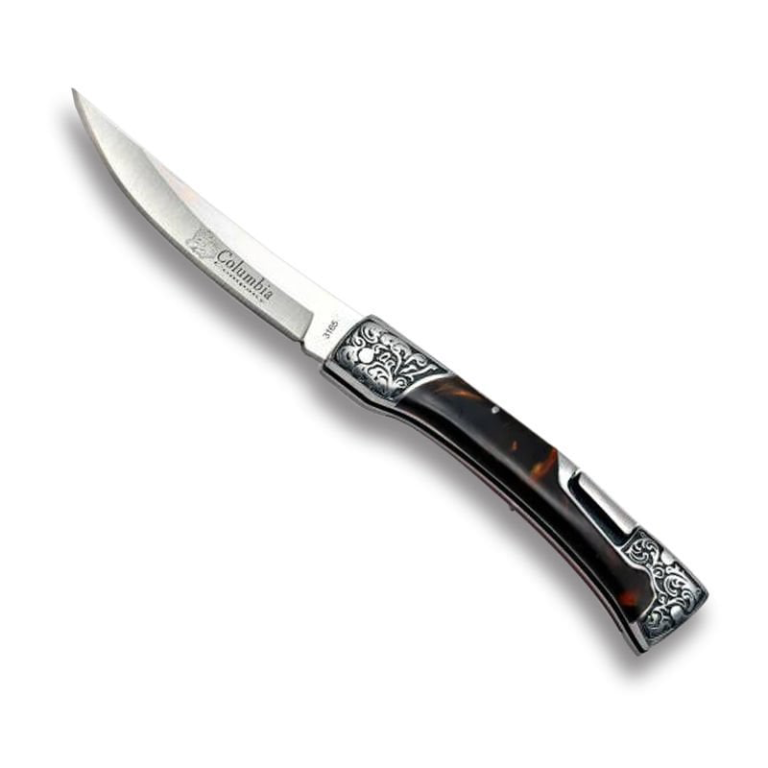 Columbia Hançer Çakı Epoksi Kabzalı Gravür Desenli Çakı İşlemeli Sırttan Kilitli Çakı A3165-B - Görsel 1
