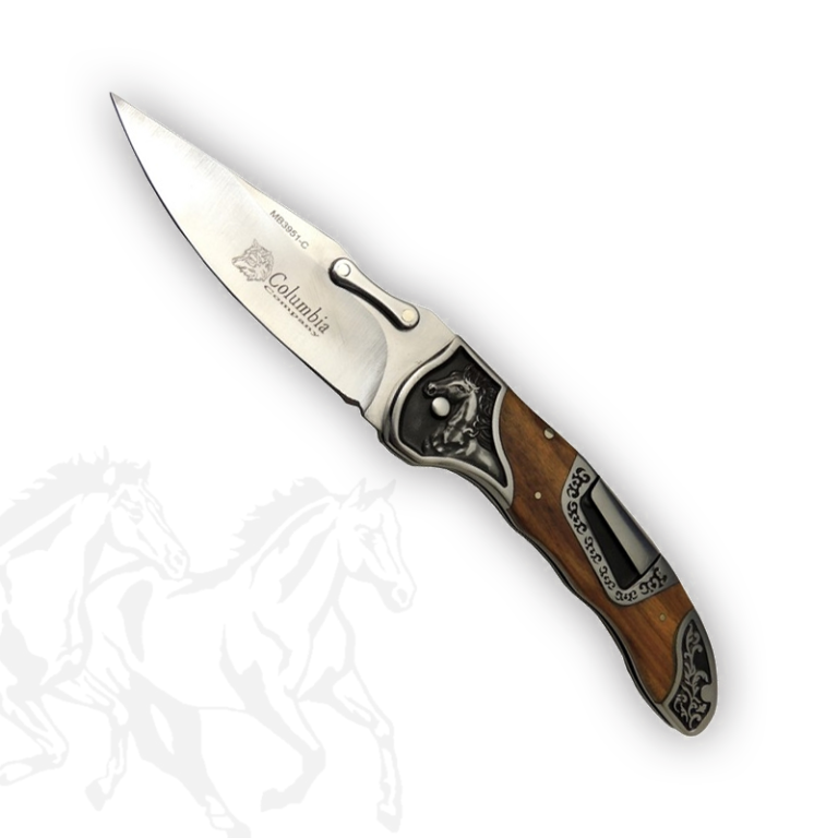 Columbia Mustang Zeytin Kabzalı At Gravür Desenli Çakı İşlemeli Sırttan Kilitli Çakı MB-3951-C - Görsel 1