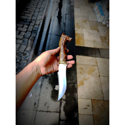 Kurt Başlı Av Bıçak Pirinç İşlemeli El Yapımı