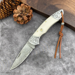 Sibirya Çakı Damascus Çakı Şam Çeliği Çakı Sedef Kabzalı Damascus Çakı - S-2219