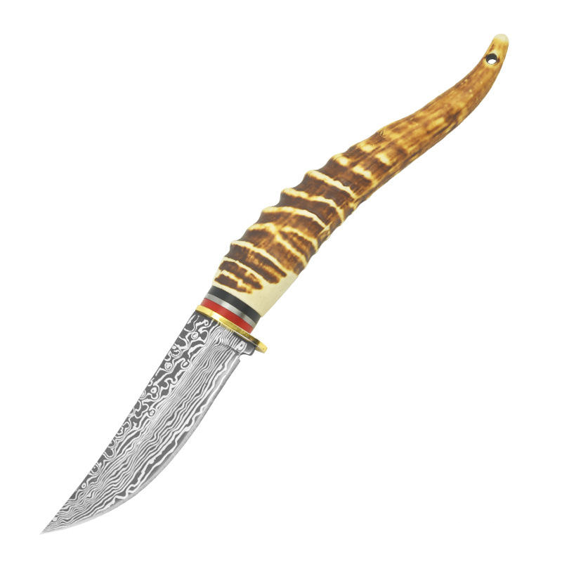 Katsuro Yapay Geyik Boynuz Görünümlü Damascus Lazer İşlemeli Av Bıçak Kamp Bıçak Outdoor Av Bıçak - L302 - Görsel 8