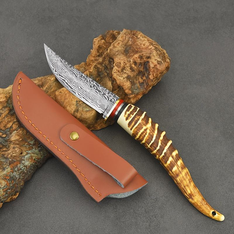 Katsuro Yapay Geyik Boynuz Görünümlü Damascus Lazer İşlemeli Av Bıçak Kamp Bıçak Outdoor Av Bıçak - L302 - Görsel 7