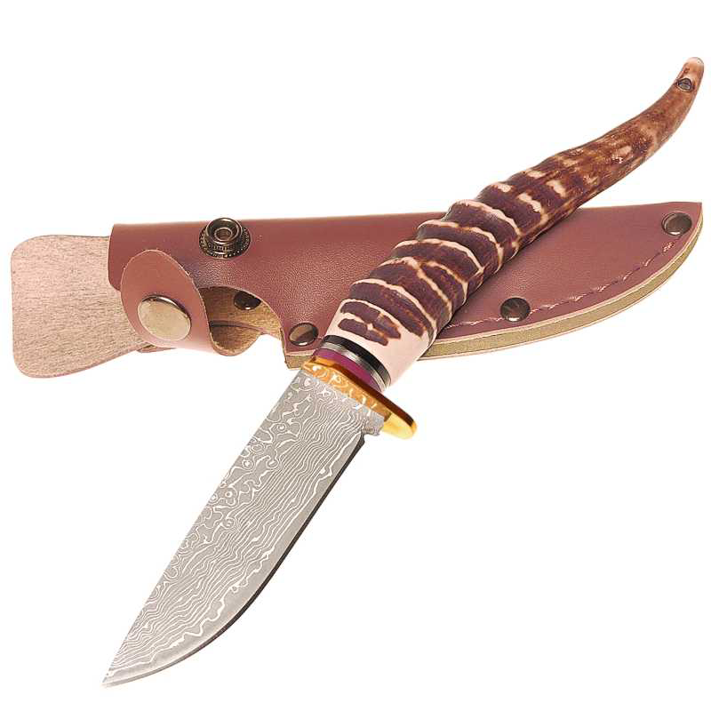 Katsuro Yapay Geyik Boynuz Görünümlü Damascus Lazer İşlemeli Av Bıçak Kamp Bıçak Outdoor Av Bıçak - L302 - Görsel 5