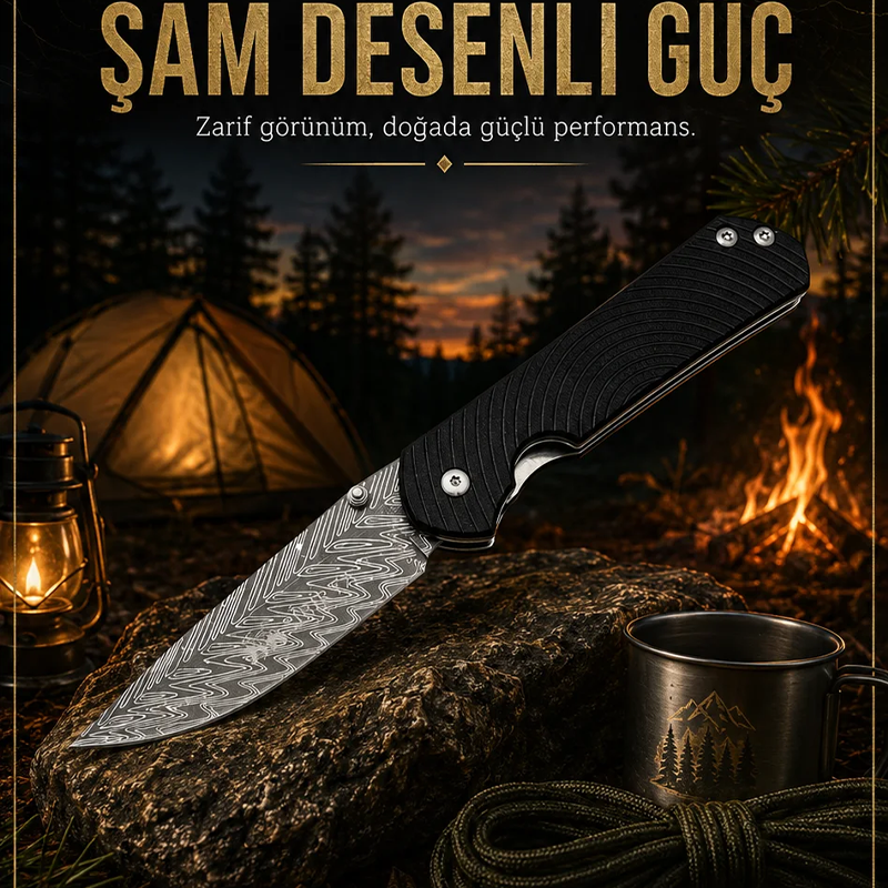 Sibirya Çakı Damascus Desenli Çakı Edc Çakı Kamp Outdoor Çakısı Piknik Çakı - S-2243 - Görsel 2