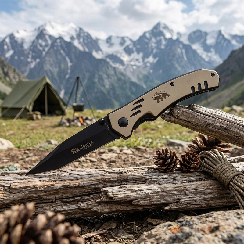 Sibirya Çakı Ayı Logolu Katlanabilir Çakı Siyah Namlu Metal Sap - S2213