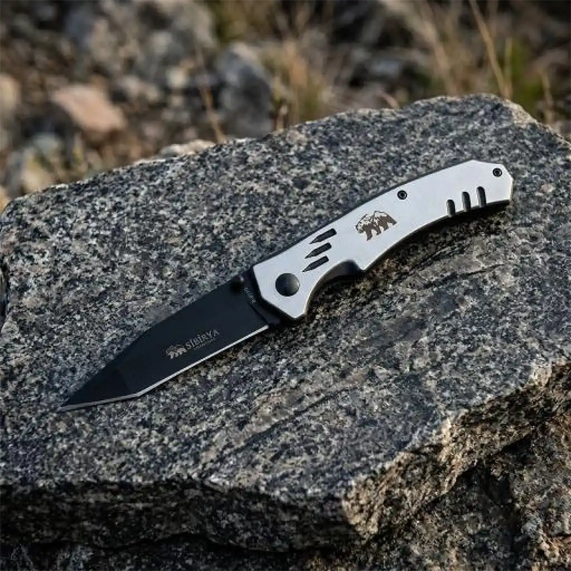 Sibirya Çakı Ayı Logolu Katlanabilir Çakı Siyah Namlu Metal Sap - S2213 - Görsel 3